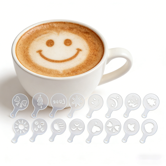 16-Piece Food-Grade Coffee Stencils Set, Stainless Steel Latte Art Templates, Reusable Decorating Molds for Coffee, Bread, Cookies & Desserts, Essential Tool for Baristas & Baking Enthusiasts