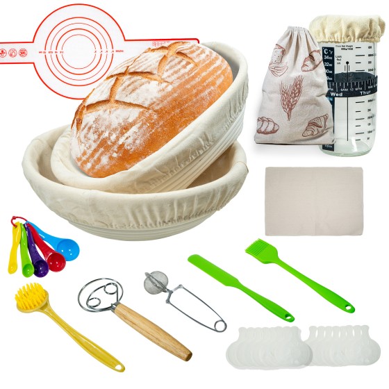 Bread Proofing Basket Set - 10" Round & Oval Rattan Banneton Proofing Baskets Kit with 24oz Fermentation Jar, Linen Liner, Pastry Brush, Natural Handmade Bowls for Artisan Sourdough Bread Baking, Ideal for Home Bakers & Beginners