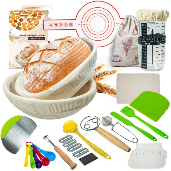 16pcs Set Sourdough Bread Proofing Basket Kit - 10 Inch Round & 10 Inch Oval Banneton Set with Linen Liners, Bread Lame, Danish Whisk, and Dough Scrapers - Ideal for Artisan Bakers and Beginners